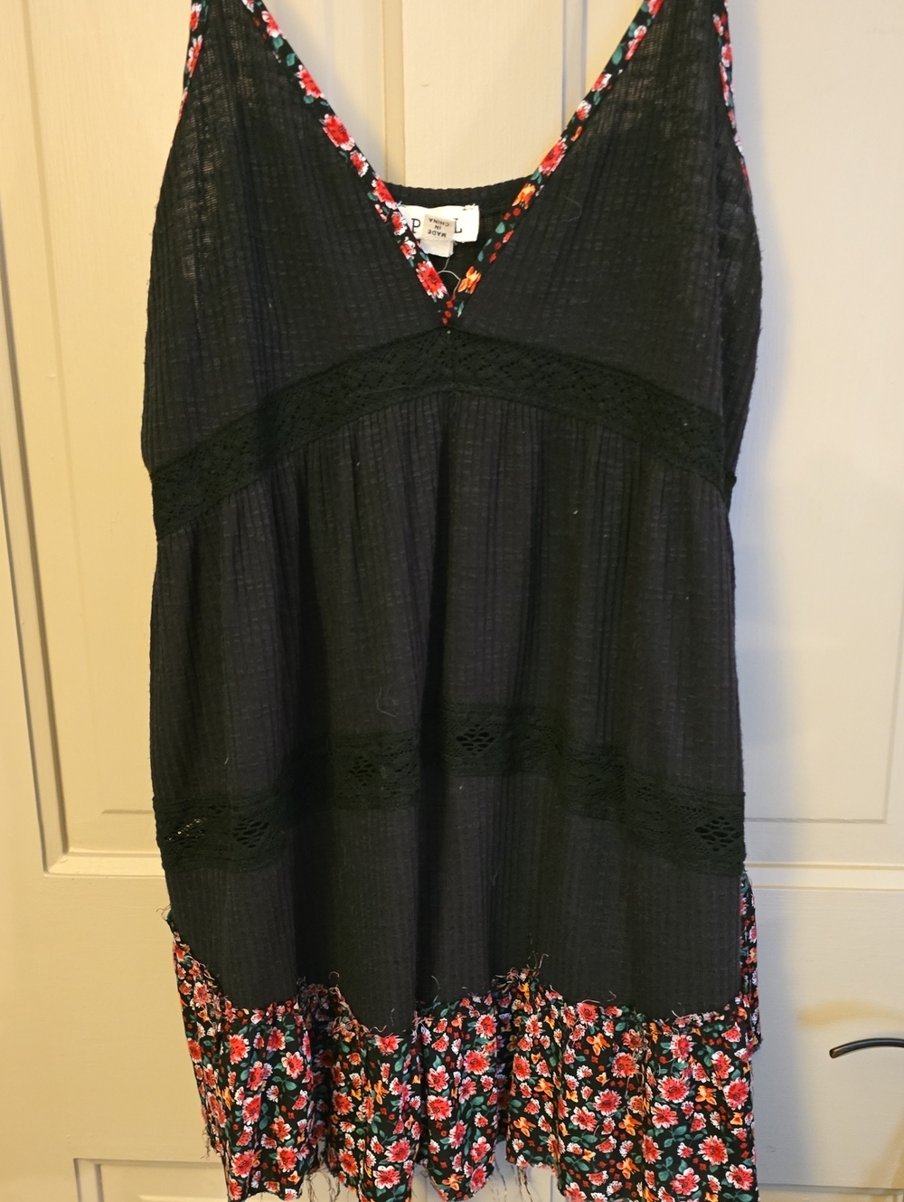 Boho Black Floral-Trim Women's Tank Dress Pol Size M